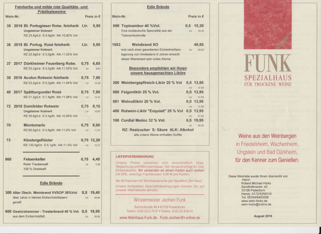 Weinliste FUNK Spezialhaus für trockene Weine
